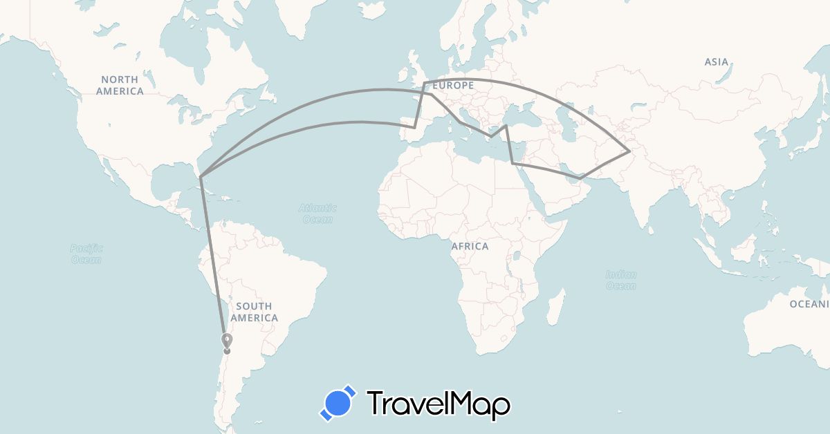 TravelMap itinerary: driving, plane in United Arab Emirates, Chile, Egypt, Spain, France, United Kingdom, Greece, Italy, Pakistan, Turkey, United States (Africa, Asia, Europe, North America, South America)
